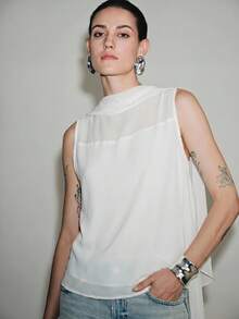 Lumivelle Women's Spring Summer Loose Sleeveless White Chiffon Sheer Blouse, Ribbon Design, Commute Fashion, Casual Minimalist Elegant Daily, Work Brunch Office - White - View 5