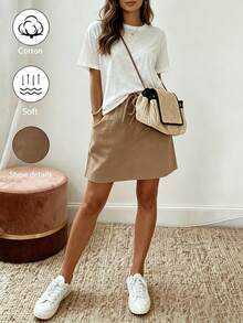 SHEIN Holidaya 女款休閒彈性腰綁帶A字裙,夏季穿搭,女款度假優雅裙,派對、海灘穿搭,畢業典禮、外出穿搭,休閒裙,女款度假穿搭,夏季度假穿搭,Y2k,鄉村音樂演唱會穿搭,鄉村風裙子,女款通勤穿搭,女款辦公室穿搭,社交裙,女款辦公室穿著,卡其色裙子,綁帶,A字裙,裙子,時尚百搭 - 卡其色 - 查看 8