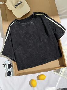 Comfortcana Spring Pure Cotton Snow Wash Plus Size Short Sleeve T-Shirt - Black - View 4