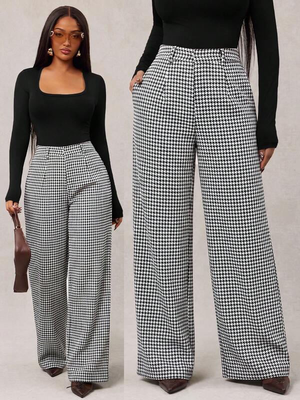 Radiana Women's Autumn New Vintage High-Waisted Plaid Wide-Leg Suit Pants, With Pockets, Daily Streetwear, Office, Commute, Date, Party, Formal Occasion Clothing, Business Women's Wear