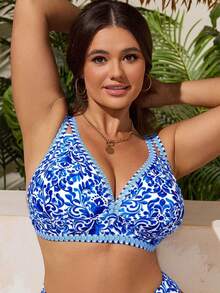 Swim Lushoire 大码女式印花可调节肩带时尚比基尼上衣，休闲性感简约设计，适合度假和日常穿着 - 藍色 - 查看 5