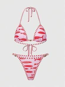 Swim Mod 美式甜美女孩度假風粉色底色紅魚印花紅白格紋飾邊掛脖三角杯前扣設計後綁帶細肩帶三角比基尼泳褲夏季度假熱帶旅行攝影慵懶氛圍青春造型隨性優雅小眾出片海灘穿搭活力隨興活力造型慵懶度假風甜美女孩優雅海灘穿搭溫柔氛圍 - 粉色 - 查看 4