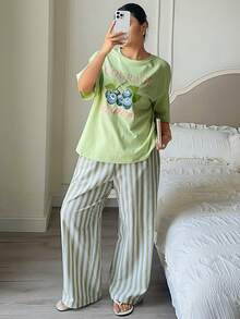 Dazy Plus 2pcs Set Printed Loose Short Sleeve T-Shirt & Striped Straight Leg Long Pajama Pants, Popular Green Color Sleepwear - Mint Green - View 2