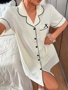 Napfluff Contrast Trim Bow Decor Patch Pocket Lapel Front Opening Women's Nightgown - Apricot - View 5
