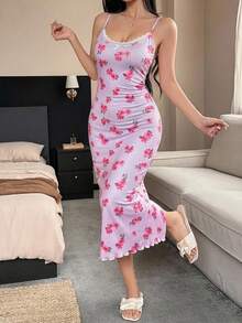 DAZY Charming Floral Print Ruched Fitted Long Dress Women's Nightgown Summer Pajamas - Purple - View 4