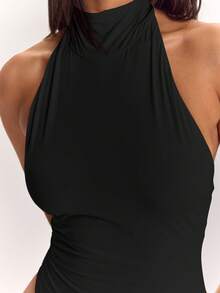 SHEIN BAE 春夏季女款掛脖露背性感素色貼身連身衣 - 黑色 - 查看 8