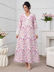 Al Najma V領袖口雪紡蕾絲拼接粉色印花洋裝附頭巾 - 彩色 - 查看 6