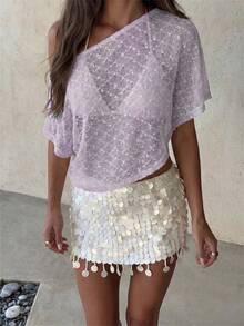 Women's Casual Solid Color Asymmetrical Top, Summer, Summer Top - 淡紫色 - 查看 3