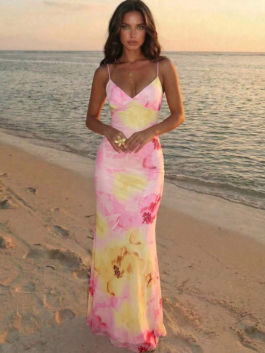 Aloruh 橘色熱帶花卉印花露背細肩帶迷你洋裝 女款夏季度假穿搭 夏季服飾 泳裝 女款海邊度假穿搭 度假穿搭 波西米亞熱帶度假女裝 熱帶度假女裝 細肩帶迷你海邊度假 局部印花露背性感海邊橘色漸層洋裝 夏季風格花卉洋裝 - 淺粉色 - 查看 1