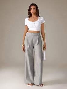 SHEIN Tall Pantaloni da donna in tessuto di bambù rosa con design a fibbia frontale in vita, eleganti, professionali e casual, adatti per insegnanti, essenziali per il Ringraziamento e Ognissanti, versatili, ampi e fluidi, a gamba dritta, per donne alte - Grigio - Visualizzare 7