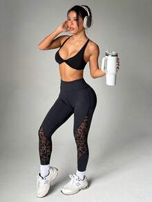 Easithlete Quần legging thể thao ôm sát cạp cao họa tiết da báo tương phản - màu đen - Xem 3