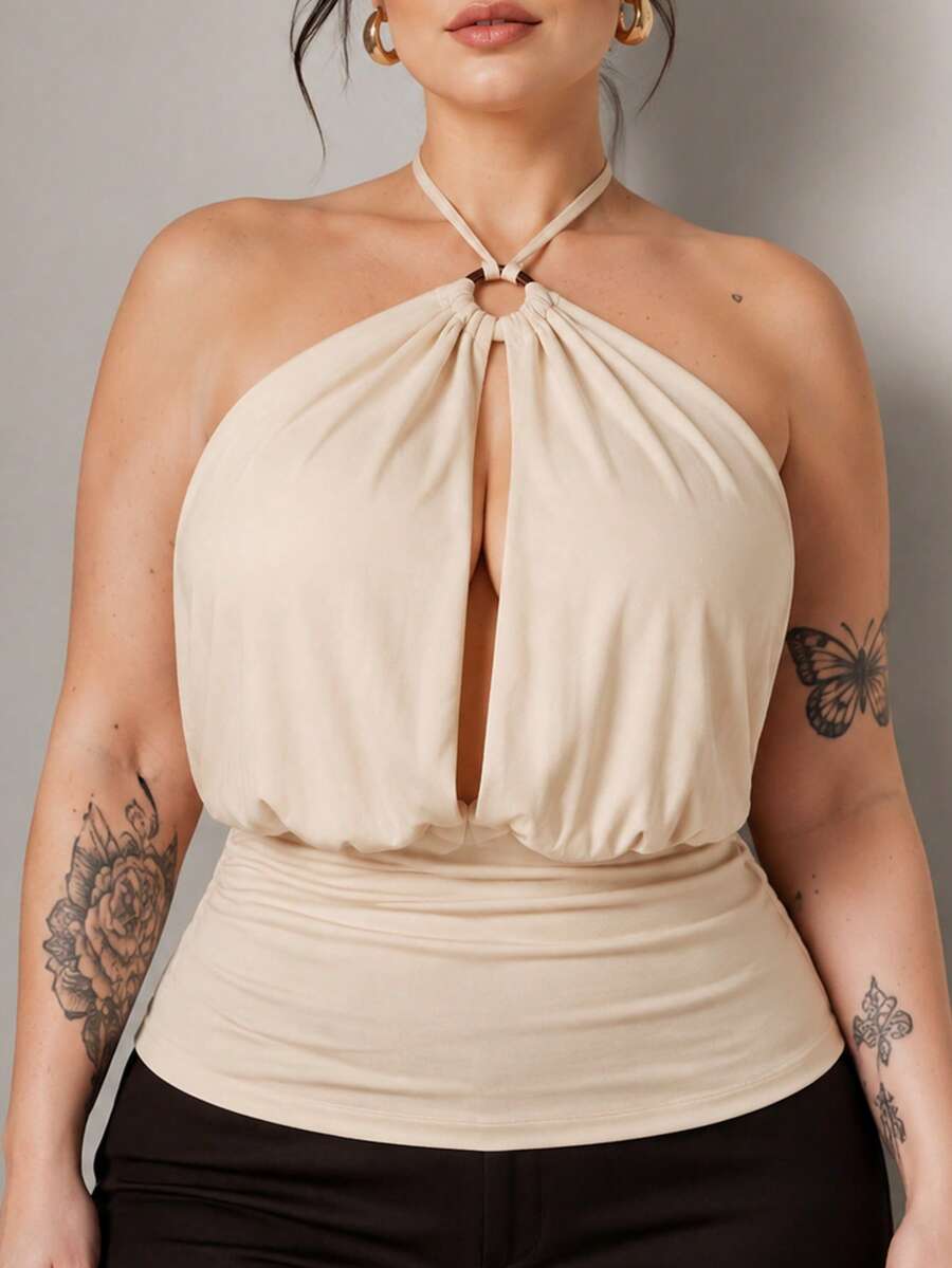 ROMWE Plus Size Women Halter Tie Circular Ring Ruched Backless Camisole - Apricot - View 1