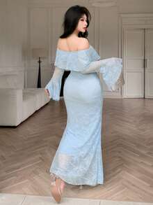 Modelyn Robe de soirée élégante et sophistiquée style dame, bandeau tube, tricot jacquard, manches évasées, coupe slim, robe grande taille pour femmes - Bleu azur - Voir 7