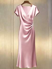 Franclia Plus Size Women Elegant Ruched Pearl Button Decor Short Sleeve Fishtail Dress, Spring/Summer - Pink - View 4