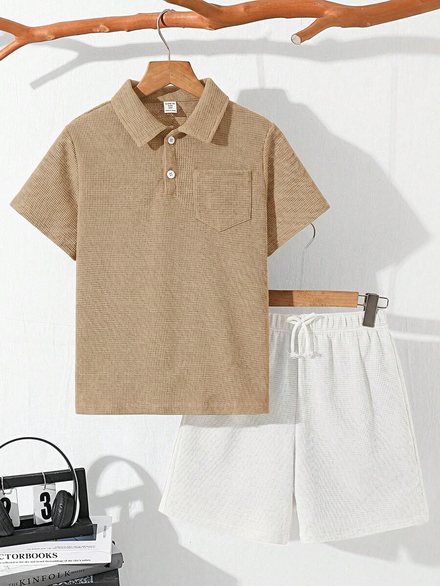 SHEIN Tween Boy Casual Loose Fit Regular Shoulder Solid Color Polo Shirt And Shorts 2-Piece Set, Suitable For Commuting, School, Daily Casual Outings, Sports, Spring And Summer - Multicolor - View 1
