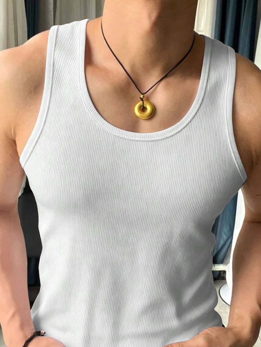 Manfinity Dauomo Men's Summer Solid Color Ribbed Round Neck Casual Tank Top - White - View 1