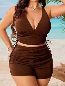 Swim Lushoire 2026 New Year Party Beach Inclusive Adjustable Plus Size Women's Solid Color Tankini Swimsuit Set Brown Summer Sexy - Coffee Brown - View 2