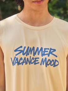 Whitmere 1pc Men's Summer English Text & Palm Tree Print Casual Sleeveless Tank Top - Apricot - View 6