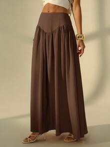 SHEIN Tall Women's Pleated Solid Color Long Skirt, Tall Women - Brown - View 5
