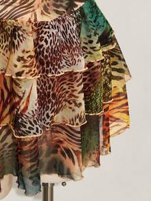 SHEIN ICON Plus Size Leopard Print Halter Neck Tie Waist Ruched Multi-Layered Tiered Mesh Dress - Multicolor - View 9