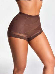 SHAPORA Women's High Waist Brown Mesh Patchwork Shapewear Bottom - Coffee Brown - View 4