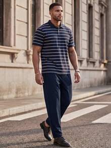 COMVAIL Pantalones largos de punto de unicolor y sencillos para hombres de talla grande, para el otoño - Azul Marino - Ver 4