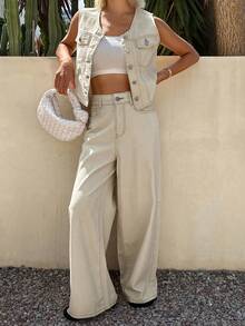 Livesso Round Neck Sleeveless Casual Top Loose Long Pants Women's Denim Set Travel Light Beige Summer - White - View 8