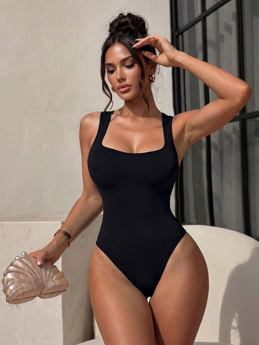 Sirith Women's Casual Solid Color Basic Bodysuit - Black - View 1