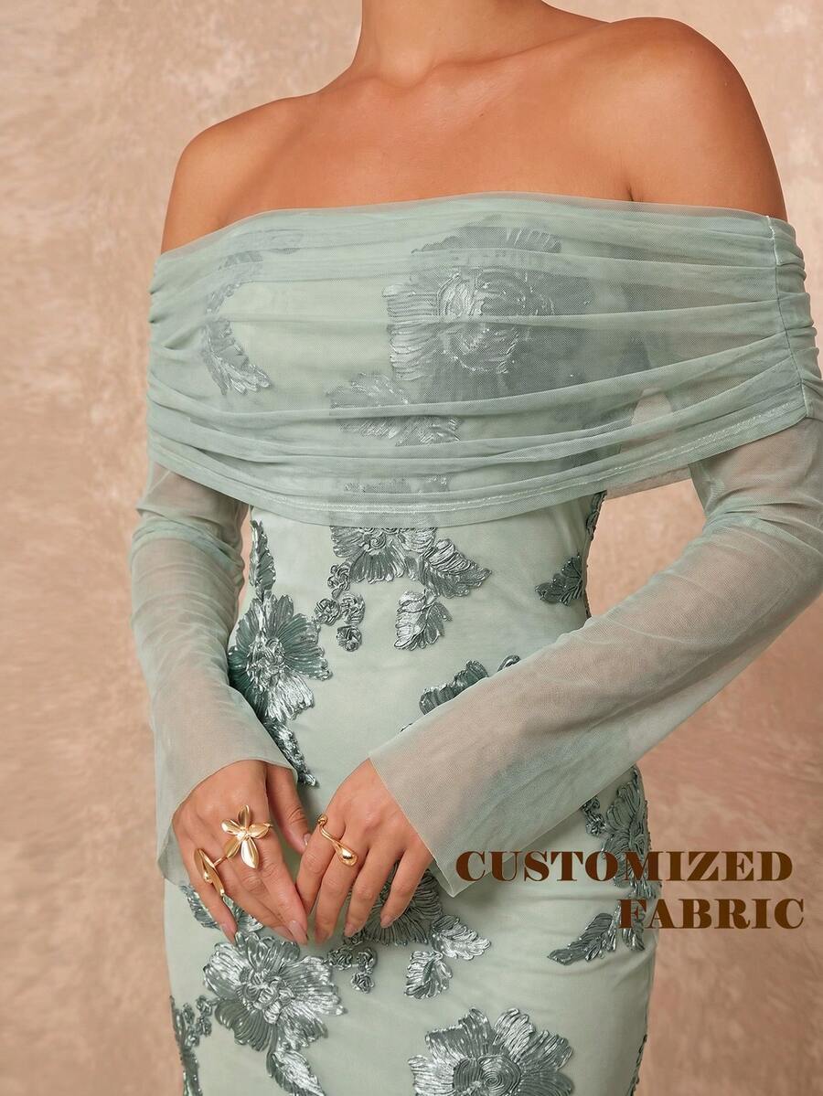 Lumalex Elegante vestido largo de malla floral verde salvia, vestido maxi con escote Bardot sin hombros y apliques 3D, vestido de invitada de boda de verano con un solo hombro para mujeres, de lujo
