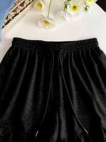 Resyla Women's Solid Color Elastic Waist Drawstring Casual Summer Shorts - Black - View 4