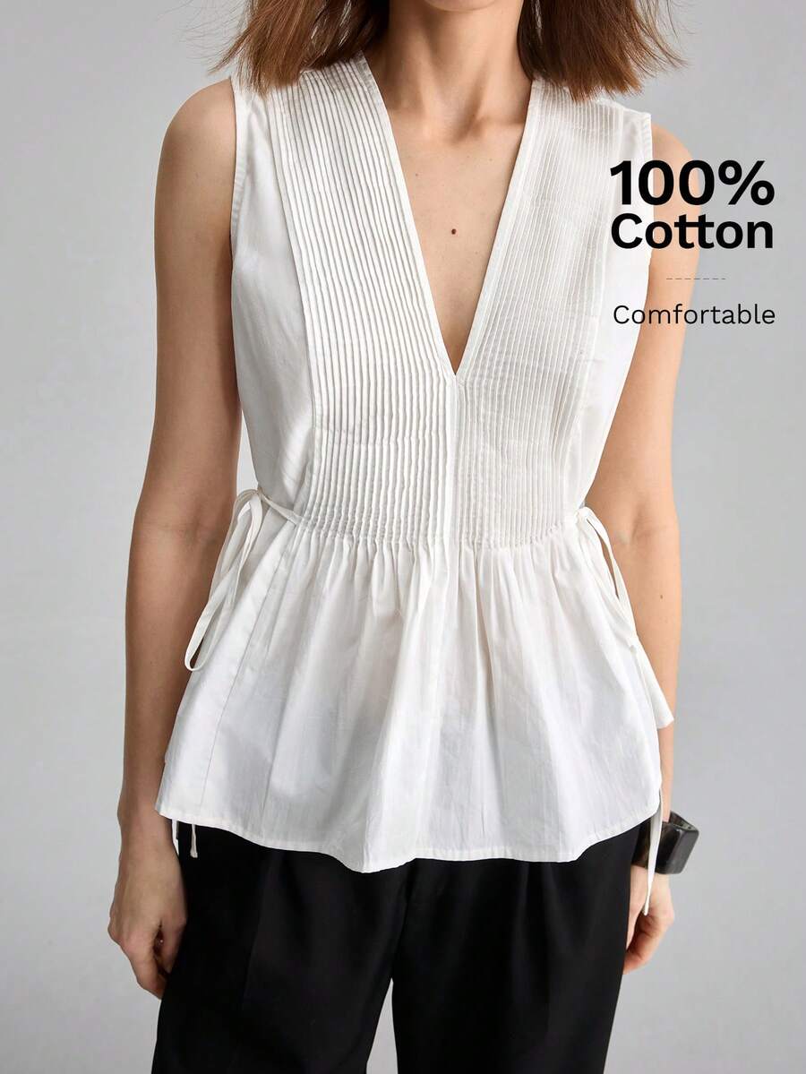 Ontre Women's Casual Sleeveless Solid Color Cinched Waist Top, Summer - White - View 1