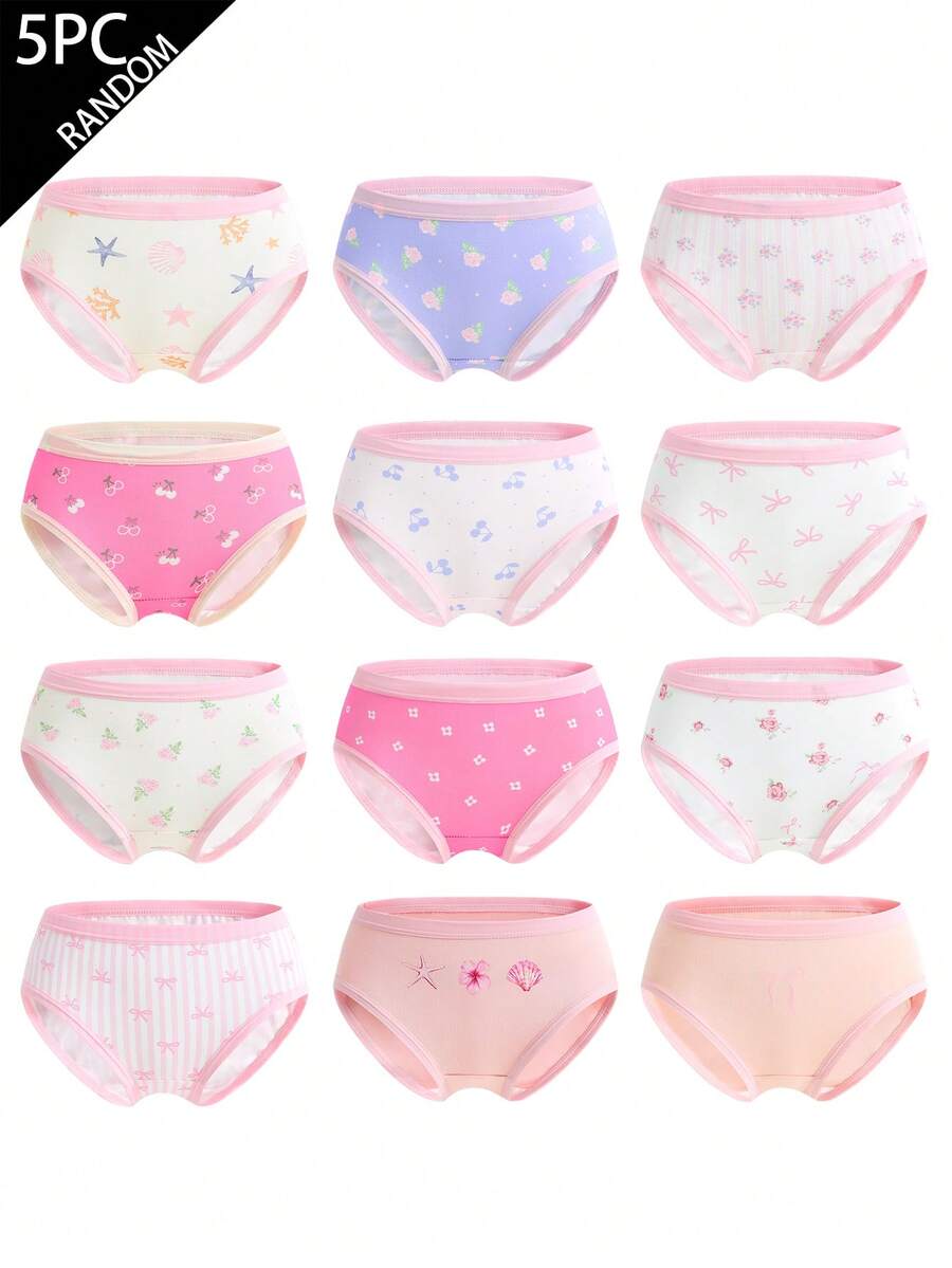 SHEIN 5 piezas de bragas triangulares para niña pequeña, diseño aleatorio, multicolor, con estampado de corazón, lazo, conejo lindo y estilo minimalista, combinación de estampados lindos - Multicolor - Ver 1