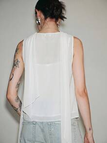 Lumivelle Women's Spring Summer Loose Sleeveless White Chiffon Sheer Blouse, Ribbon Design, Commute Fashion, Casual Minimalist Elegant Daily, Work Brunch Office - White - View 3