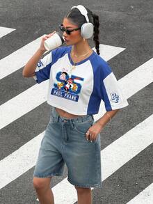 Muchica Paul Frank X SHEIN 女款夏季短袖V領IP聯名配色字母印花休閒短版落肩袖T恤，適合世界盃、比賽日、運動休閒、大學穿搭、畢業季、開學季、度假季 - 彩色 - 查看 4