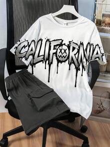 SHEIN 2er Set Kinder Tween Jungen Lässig Lockerer Gothic Stil Schriftzug Rundhals Pullover Weißes T-Shirt und Cargo Graue Shorts Set, Y2k Set, Sommer Tops, Sommer Shorts, Jungen Outfit Kinder Set, geeignet für Frühling und Sommer, Valentinstag, Date, SommerOutfit, Strandwochenende, Familientreffen, Schulanfang, Hochzeitssaison, Sport, Geburtstagsparty - Verschiedenfarbig - Übersicht 1