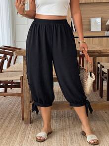 SHEIN CURVE+ Plus Size Women's Cool Fabric Black 7-Inch Pants Formal Vacation Summer Casual - Black - View 5