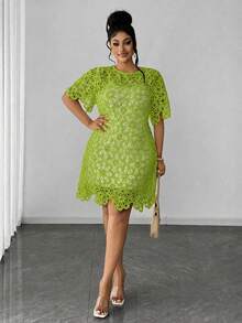 Maweii Robe élégante à manches courtes, col rond, couleur unie et ajourée, grande taille - Jaune moutarde - Voir 5