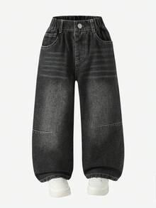 SHEIN Young Boy Loose Straight Wide-Leg Casual Children Denim Pants - Dark Grey - View 3