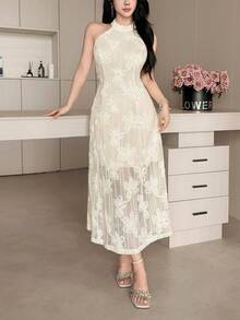 Feyla Women's Summer Elegant Solid Color Jacquard Halter Neck Midi Dress - Apricot - View 6