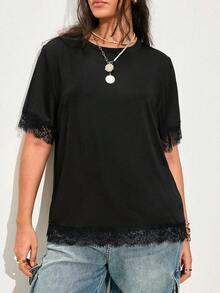 Nubod Plus Size Women's A-Line Lace Patchwork Casual Elegant T-Shirt, Romantic French Style Suitable For Office Date Night And Daily Wear, Spring/Summer - Black - View 2
