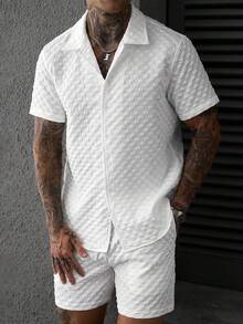 SLATEMANN Men's Solid Color Textured Shirt And Shorts Set, Ceremony - White - View 3