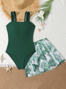 SHEIN 青少年女孩素色一件式泳衣搭配熱帶植物印花罩衫裙 - 綠色 - 查看 5