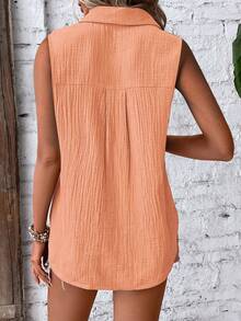 EMERY ROSE Women's Solid Color Single-Breasted Pocket Casual Sleeveless Shirt - Coral Pink - View 2