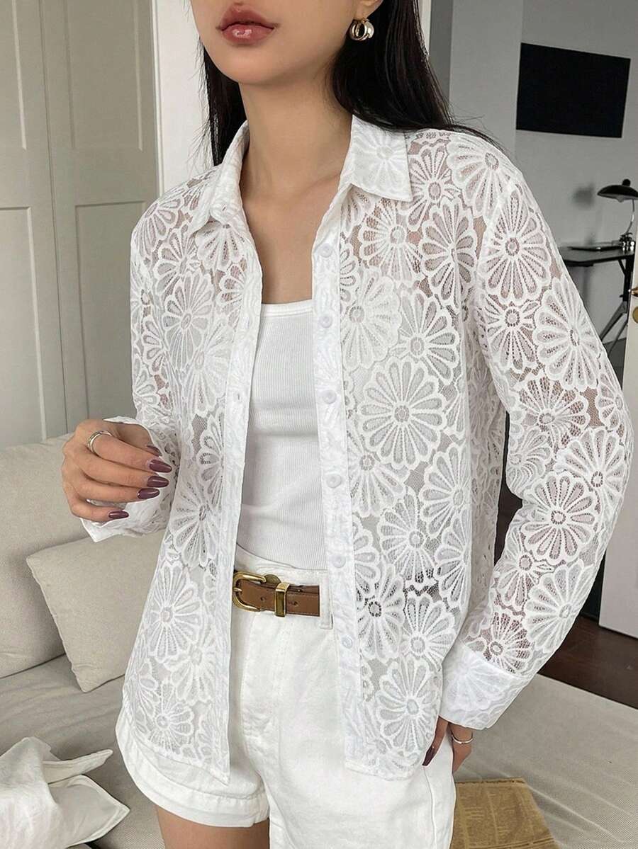 DAZY 女款優雅通勤素色花卉蕾絲長袖襯衫 - 白色 - 查看 1