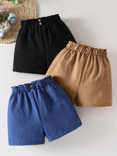 SHEIN 青少年女孩 3件組 素色彈性腰鈕扣裝飾休閒短褲