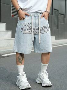 Manfinity EMRG Men's Street Style Casual Embroidered Blue Denim Shorts - Light Wash - View 3