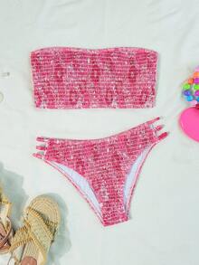 Swim Mod 2026 Spring/Summer Women's Bandeau Ruched White Base Blue Floral Random Print Backless Sexy Vacation High-Cut Side Bikini Swimsuit 2-Piece Set - Hot Pink - View 3