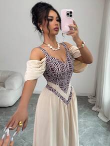Elenzga 優雅浪漫精緻女款細肩帶性感露肩印花A字度假洋裝 - 彩色 - 查看 8