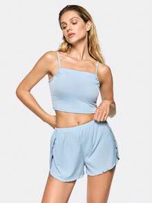 SHAPORA Women's Solid Color Minimalist Summer Cami Top & Slit Shorts Homewear Set Outfit - Blue - View 1