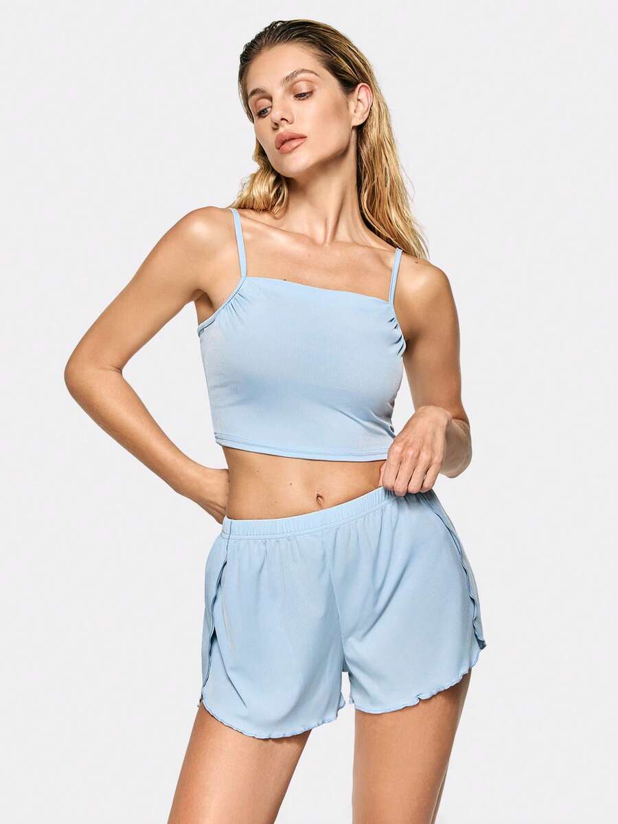 SHAPORA Women's Solid Color Minimalist Summer Cami Top & Slit Shorts Homewear Set Outfit - Blue - View 1
